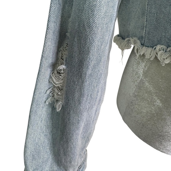 Fashion Nova Life Of Sin Faux Leather Patch Denim Jacket Light Wash Size XS - Picture 3 of 14